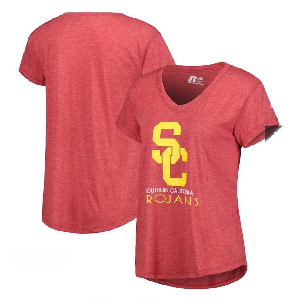Women's Heather Cardinal USC Trojans Relaxed V-
Neck T-Shirt